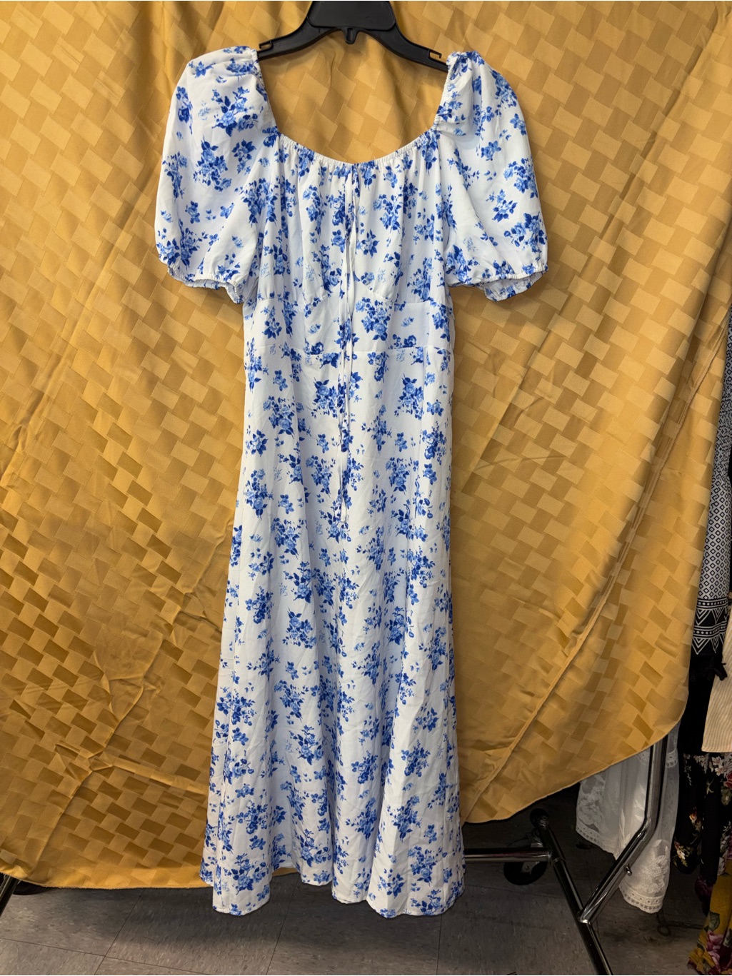 Shein White And Blue Floral Maxi Dress With Puff Sleeves
